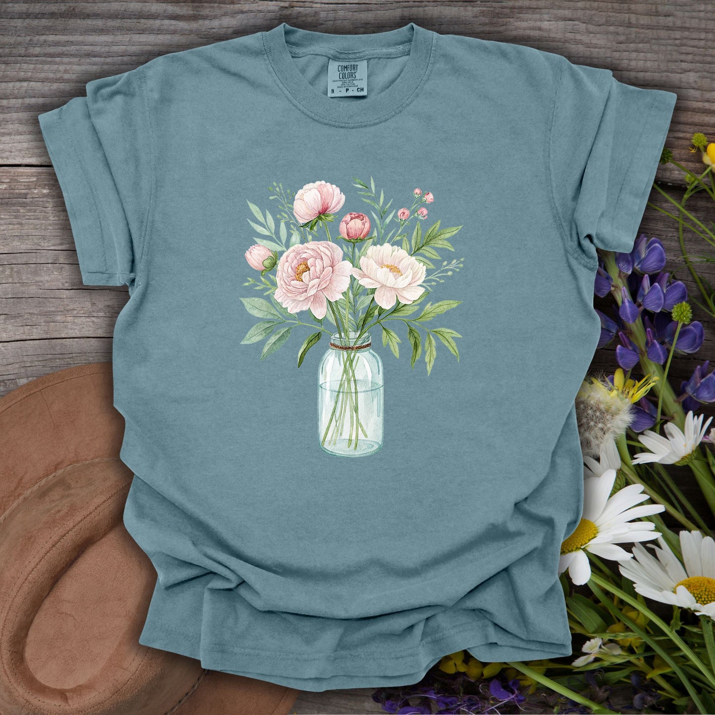 Botanical Peony Arrangement in Glass Jar T-Shirt