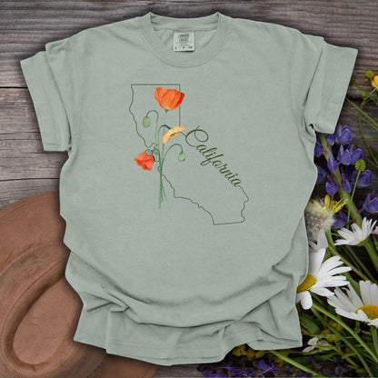 Relaxed-fit, garment-dyed Bay green t-shirt with California map, poppies, and script design.