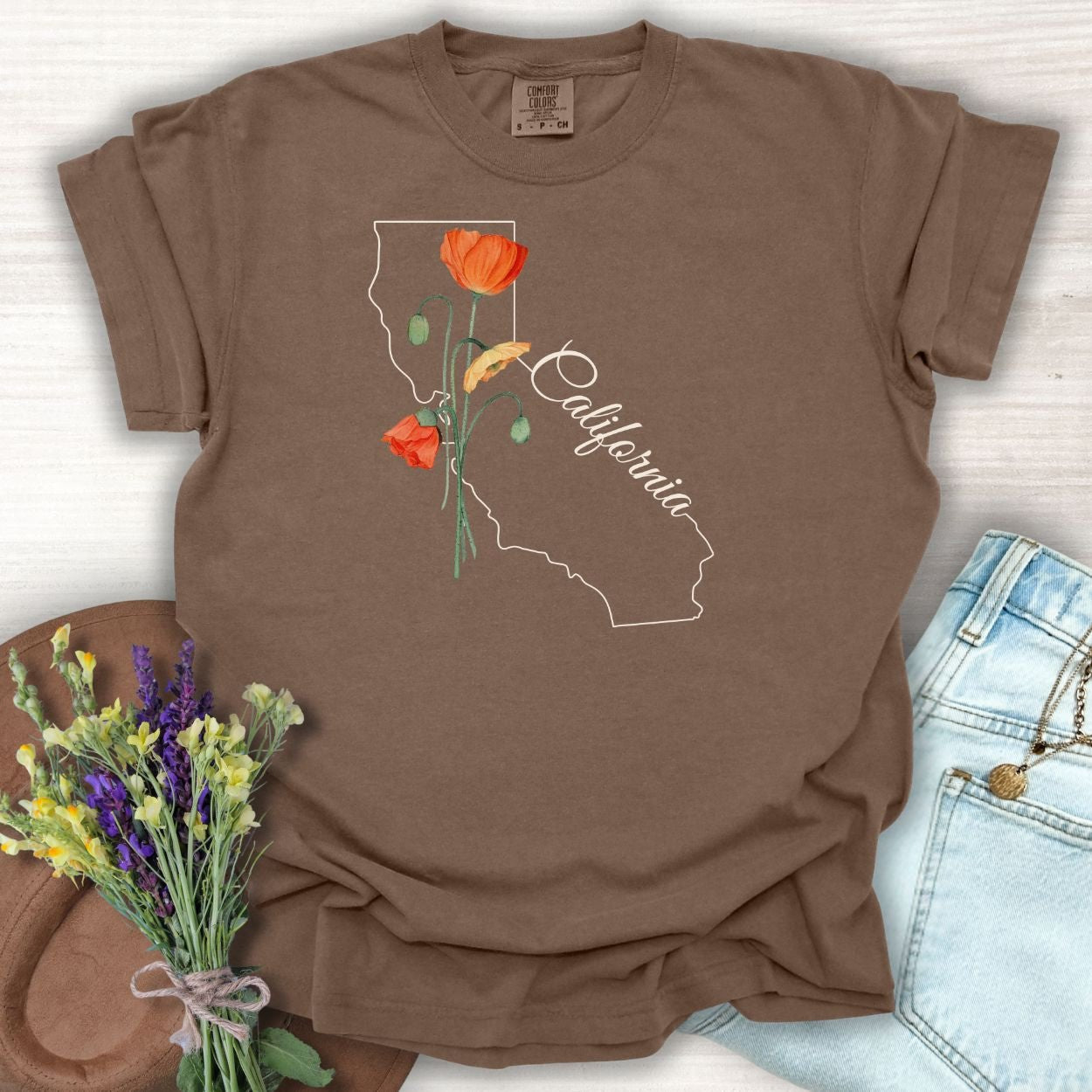Espresso S t-shirt with a California outline, hand-drawn poppies, and "California" script.