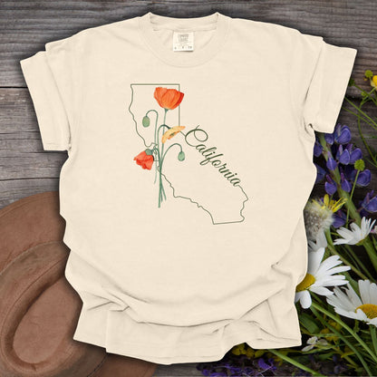 Ivory S, relaxed-fit cotton t-shirt with California poppy design and "California" script.