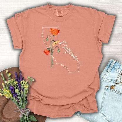 Terracotta S t-shirt with California outline, orange poppies, and "California" script.