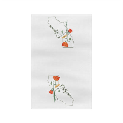 White microfiber tea towel with a delicate California outline and hand-drawn orange poppies.