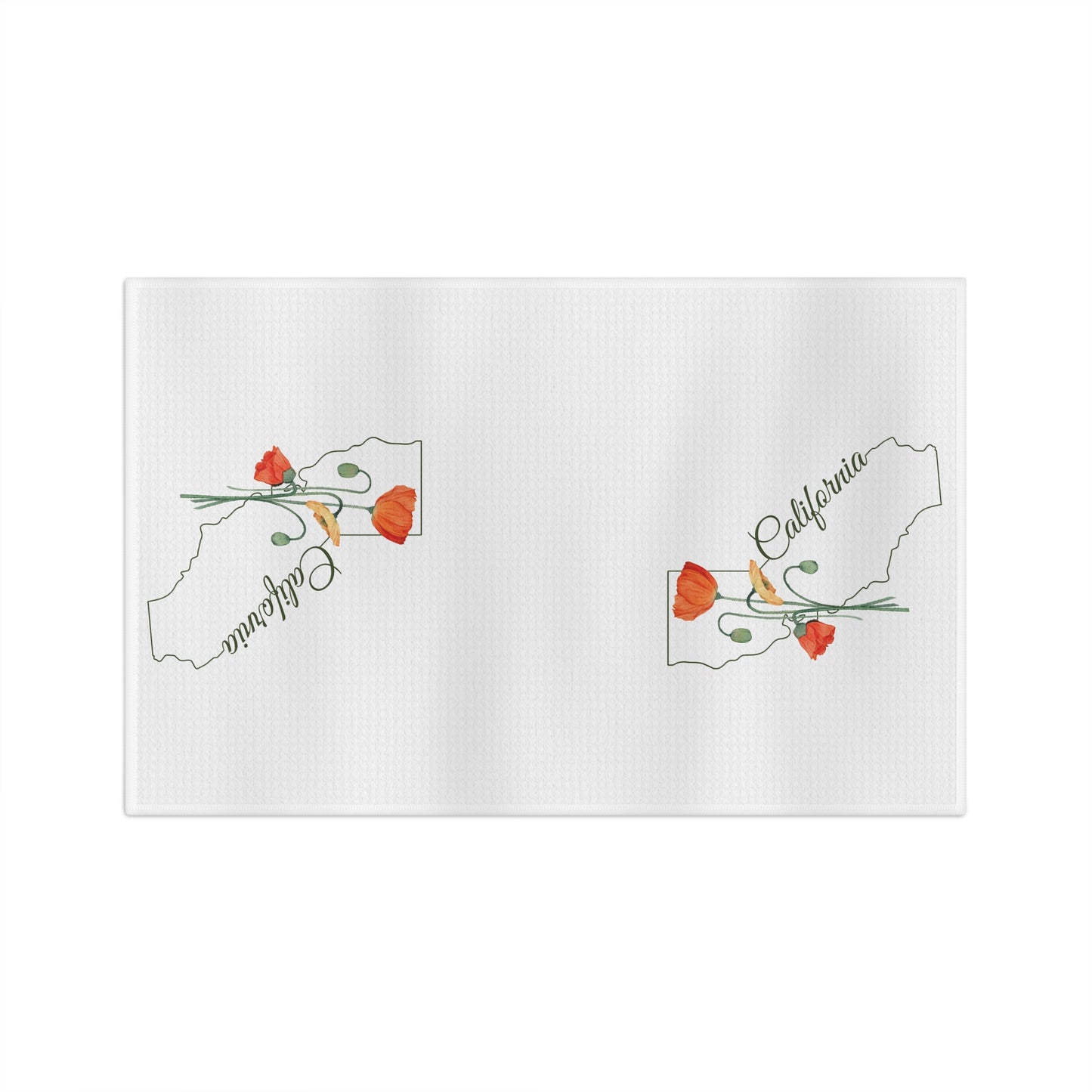 White microfiber tea towel with two California outlines and hand-drawn orange poppies.