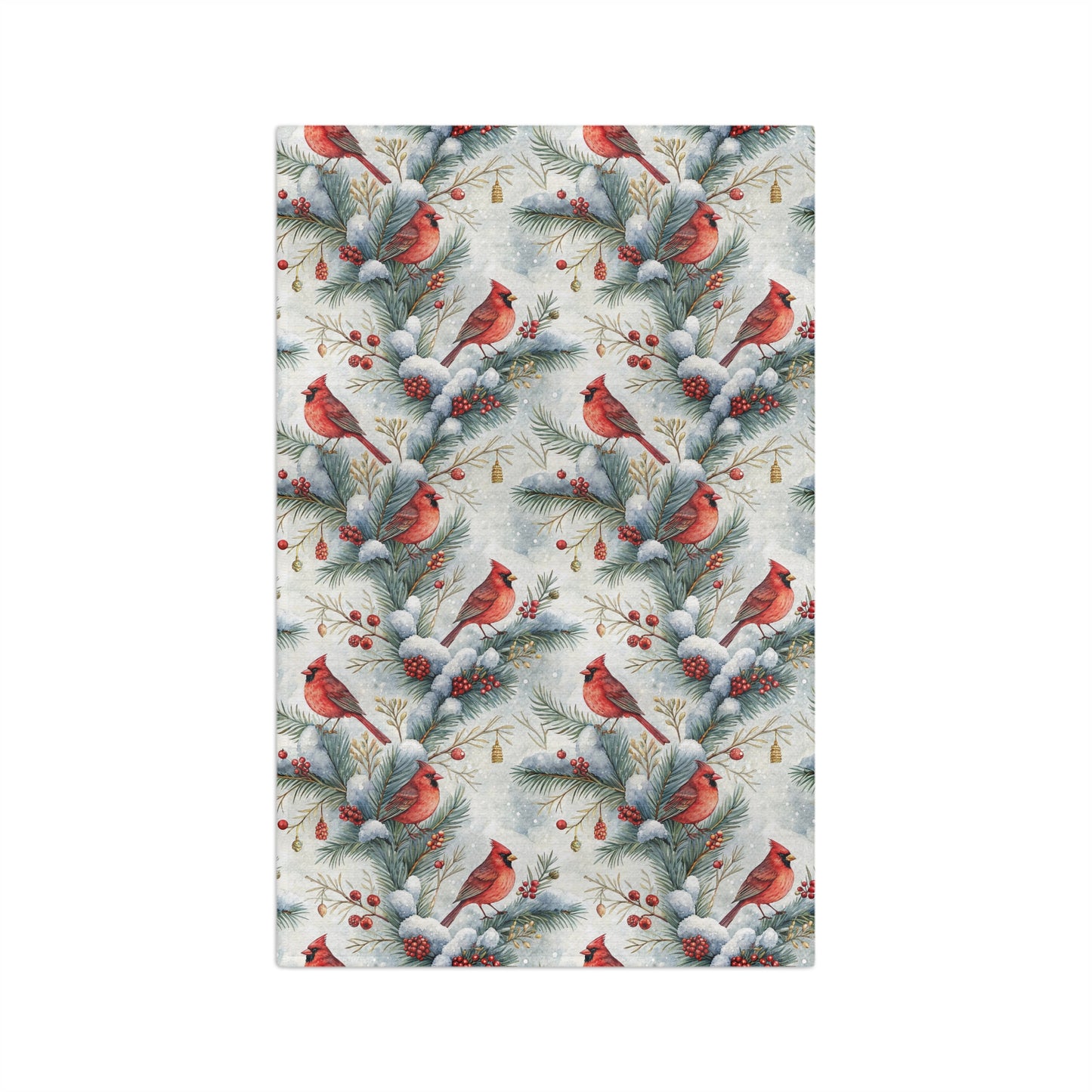 Microfiber tea towel with watercolor red cardinals, snowy pine branches, and holly berries.
