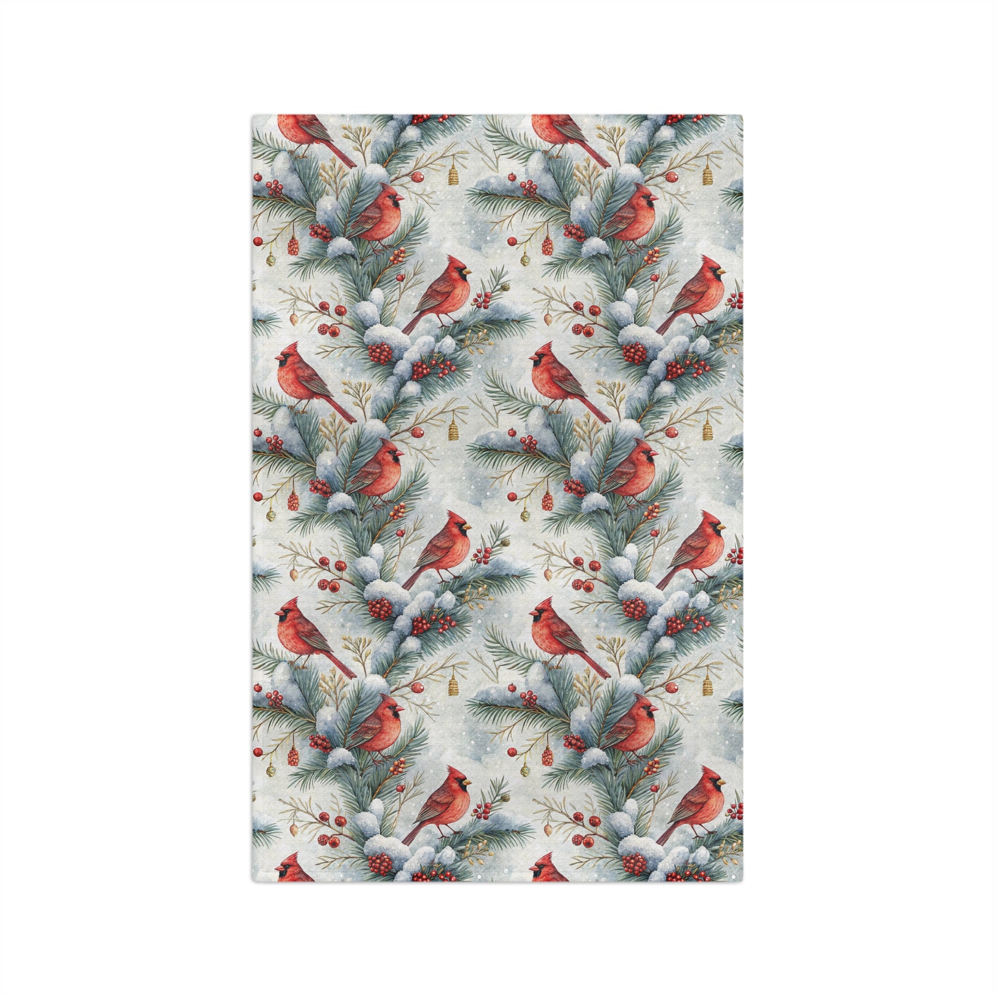 Microfiber tea towel with watercolor red cardinals, snowy pine branches, and holly berries.