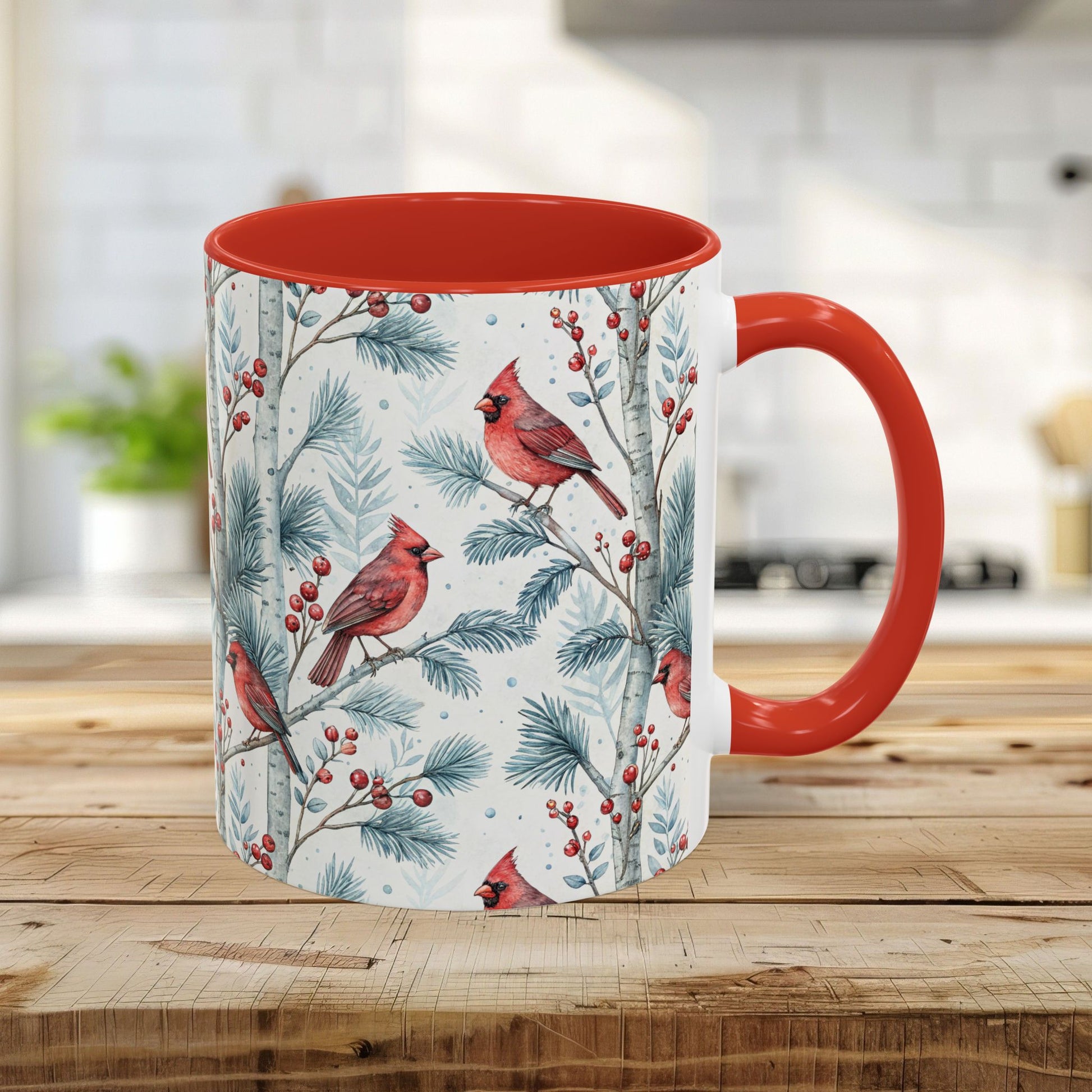 11oz white ceramic mug with red interior and handle, featuring watercolor cardinals on snowy birch trees.