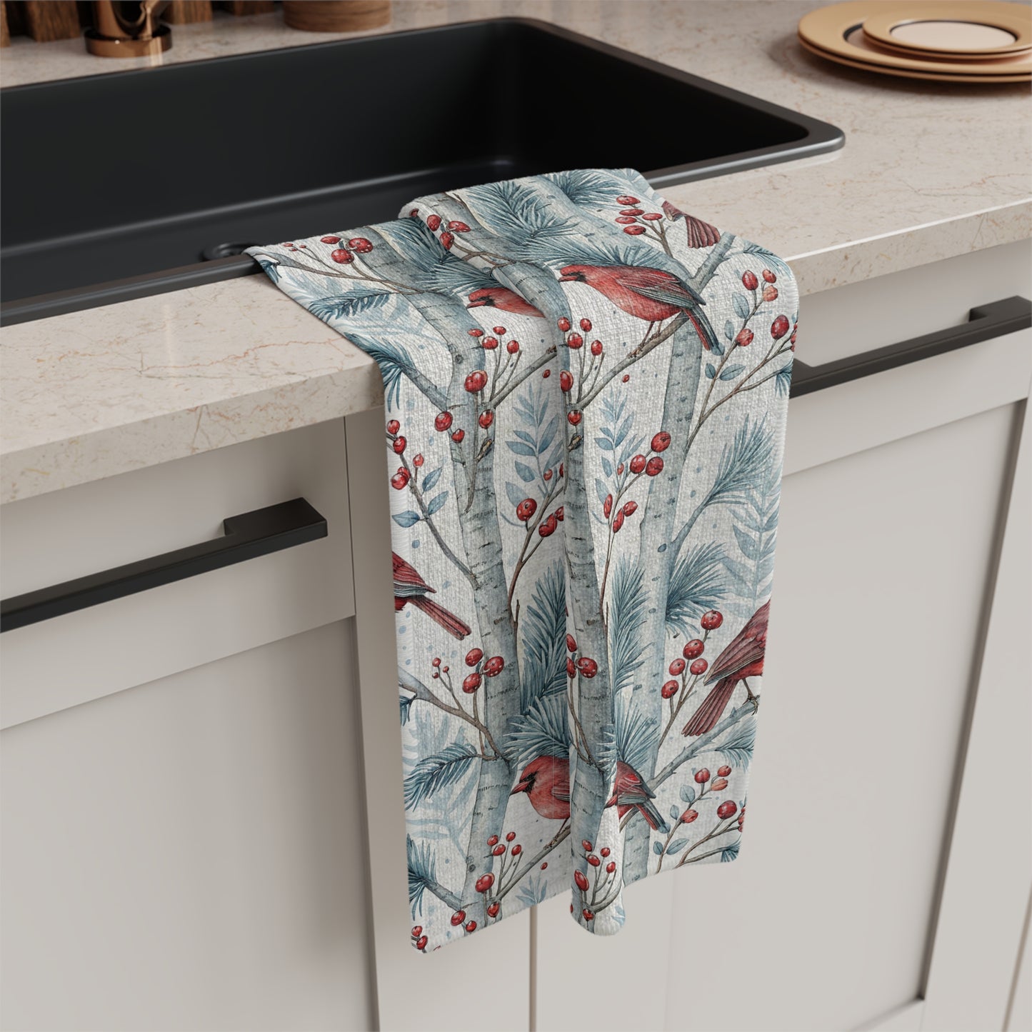 Cardinal in Snowy Birch Trees Microfiber Tea Towel