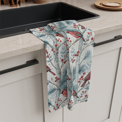 Cardinal in Snowy Birch Trees Microfiber Tea Towel