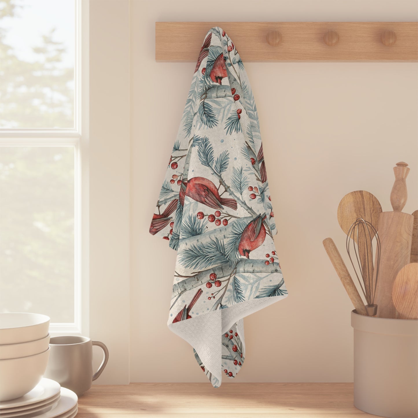 Cardinal in Snowy Birch Trees Microfiber Tea Towel