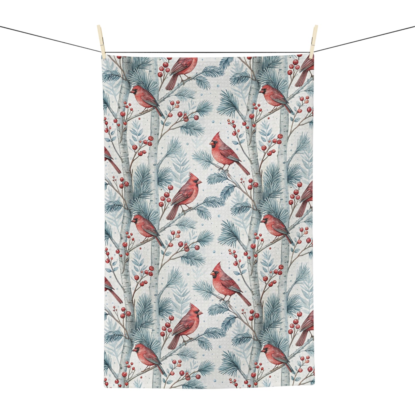 Cardinal in Snowy Birch Trees Microfiber Tea Towel