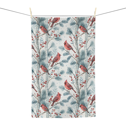 Cardinal in Snowy Birch Trees Microfiber Tea Towel