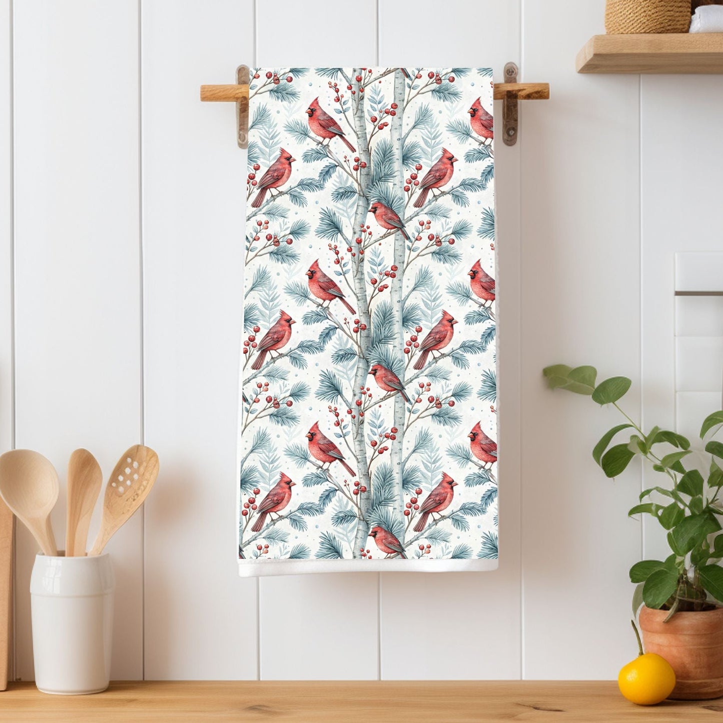Cardinal in Snowy Birch Trees Microfiber Tea Towel