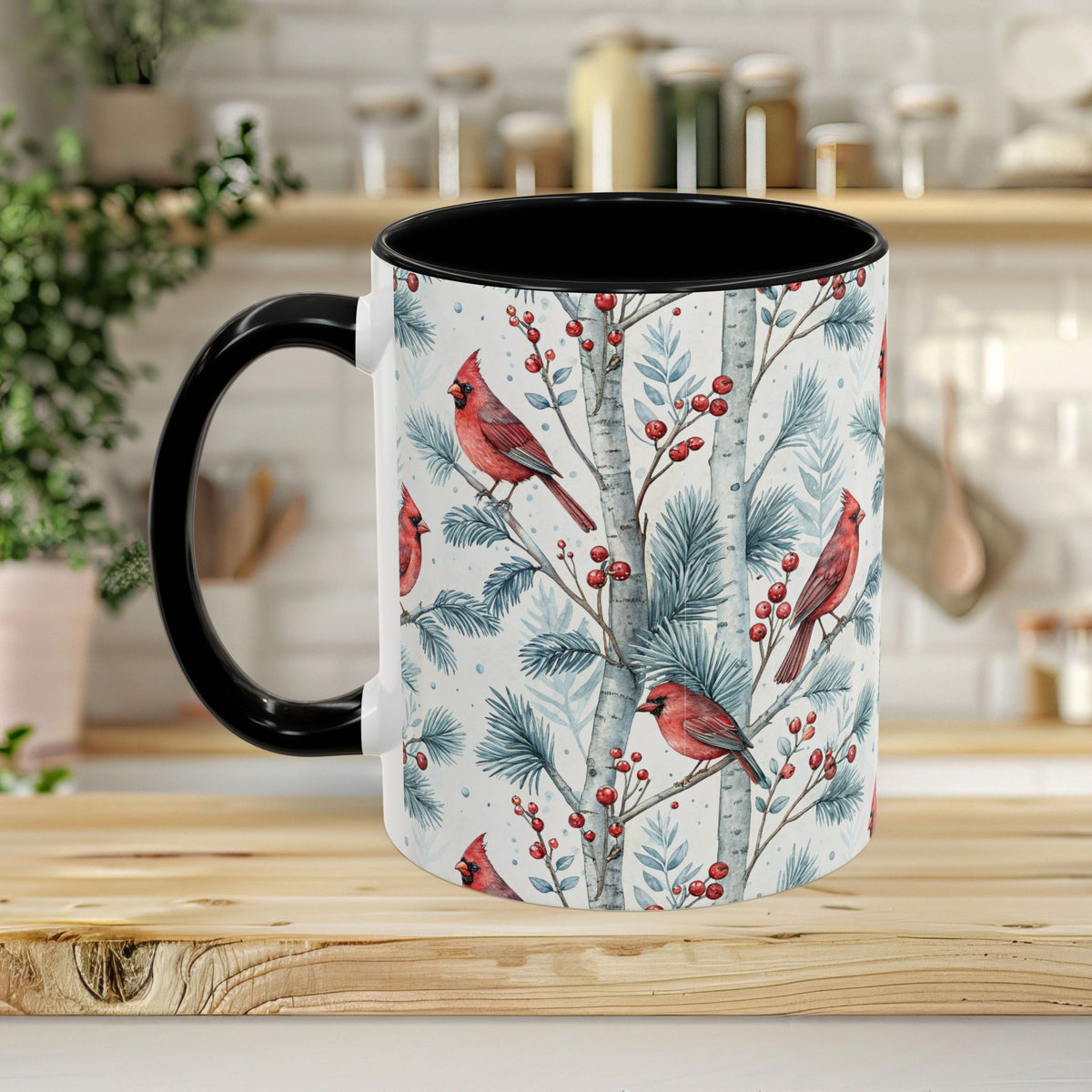 11oz white ceramic mug with black handle, featuring watercolor cardinals, birch trees, and snowy pine branches.
