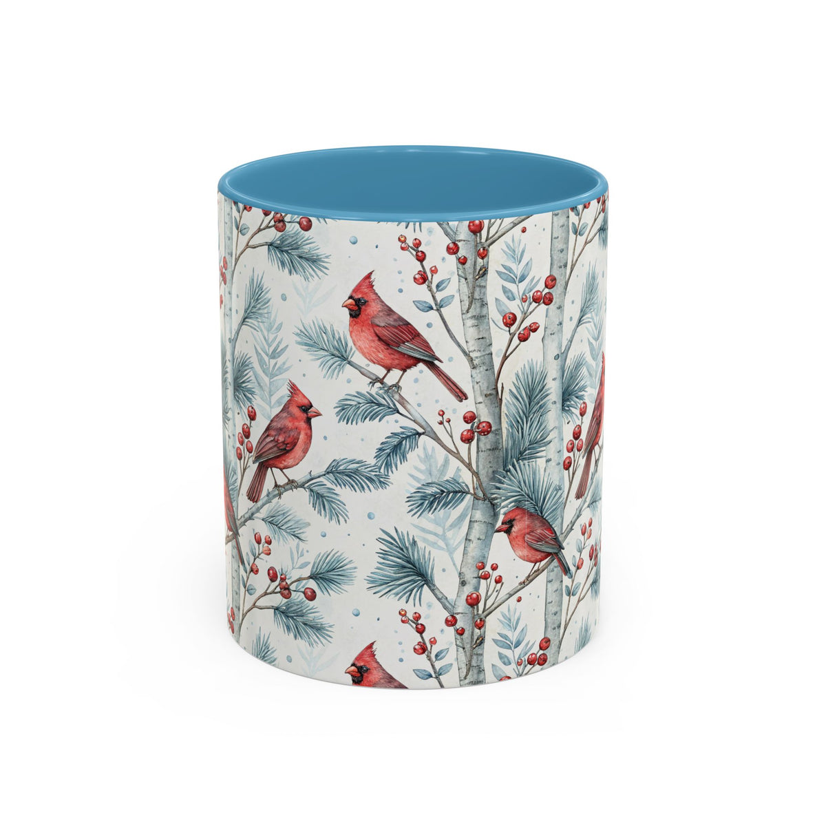 White ceramic mug with watercolor red cardinals, snowy birch trees, and blue interior/handle.