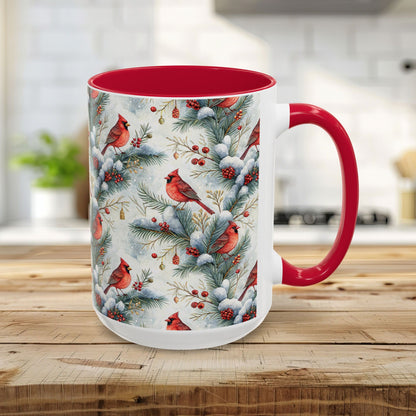 15oz ceramic mug with a red cardinal and snowy evergreen watercolor print, red interior and handle.