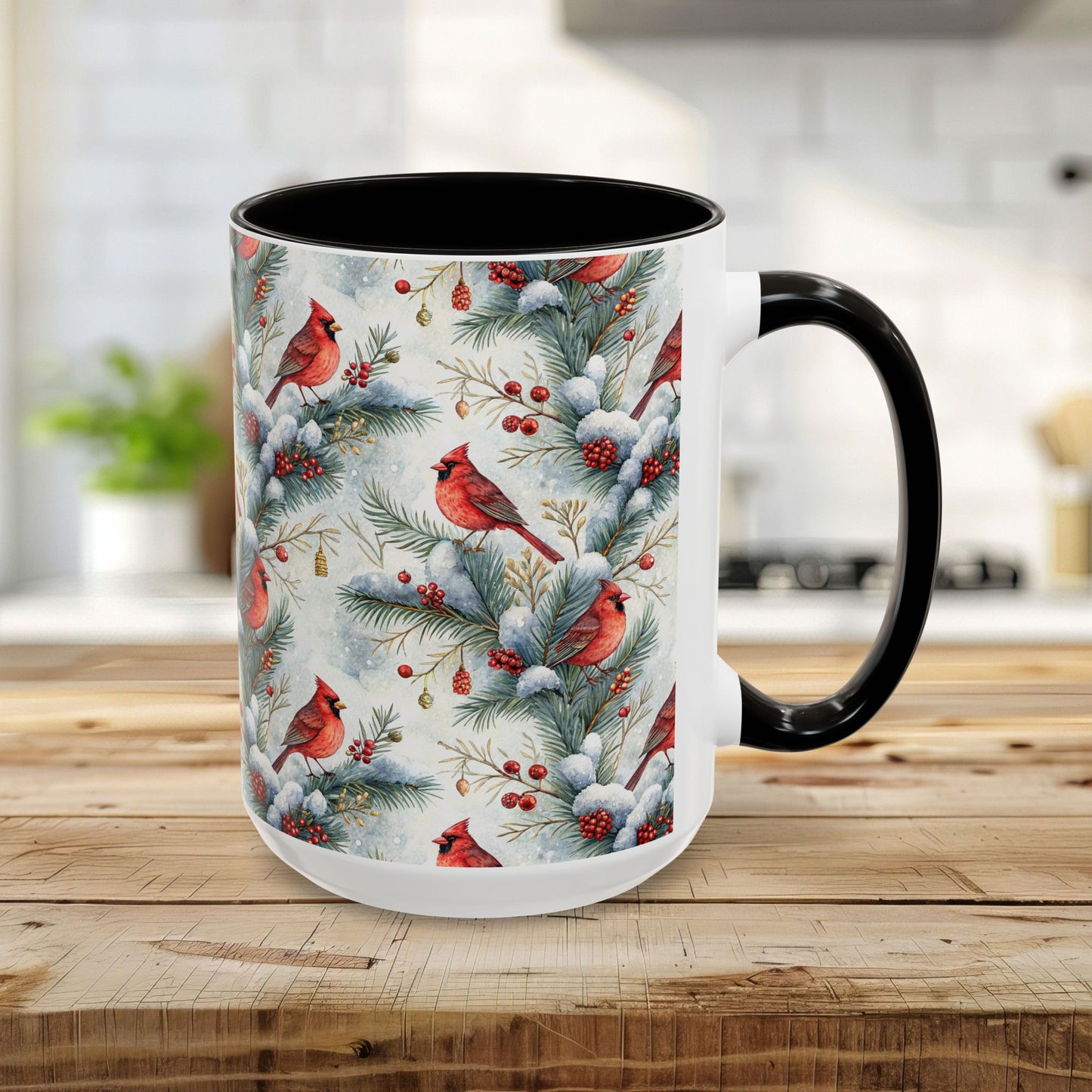 15oz ceramic mug with a watercolor cardinal and snowy evergreens print, black interior and handle.