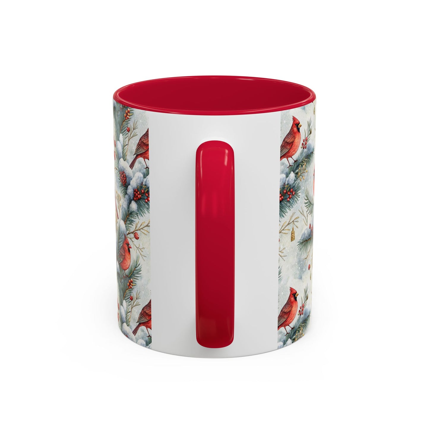 White ceramic mug with red interior and handle, featuring a watercolor cardinal on snowy evergreens design.
