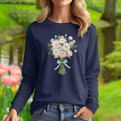 Navy long-sleeve tee with a cheerful botanical bouquet of dahlias, daisies, ranunculus, and roses.