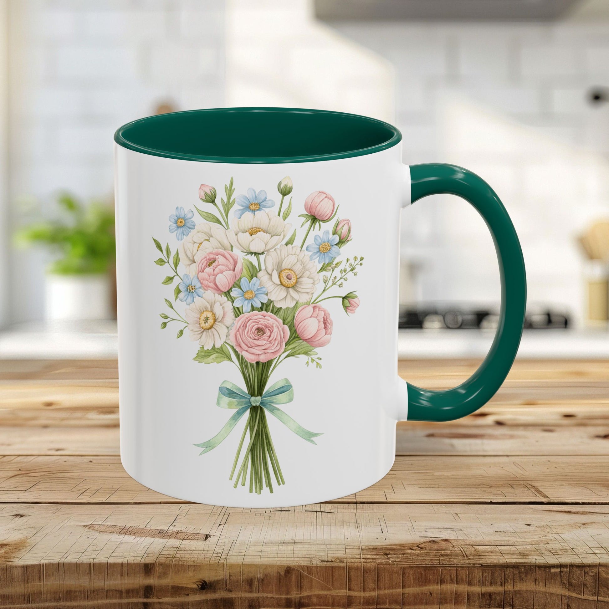 White ceramic 11oz mug with a green interior and handle, featuring a watercolor bouquet of pastel roses and daisies.