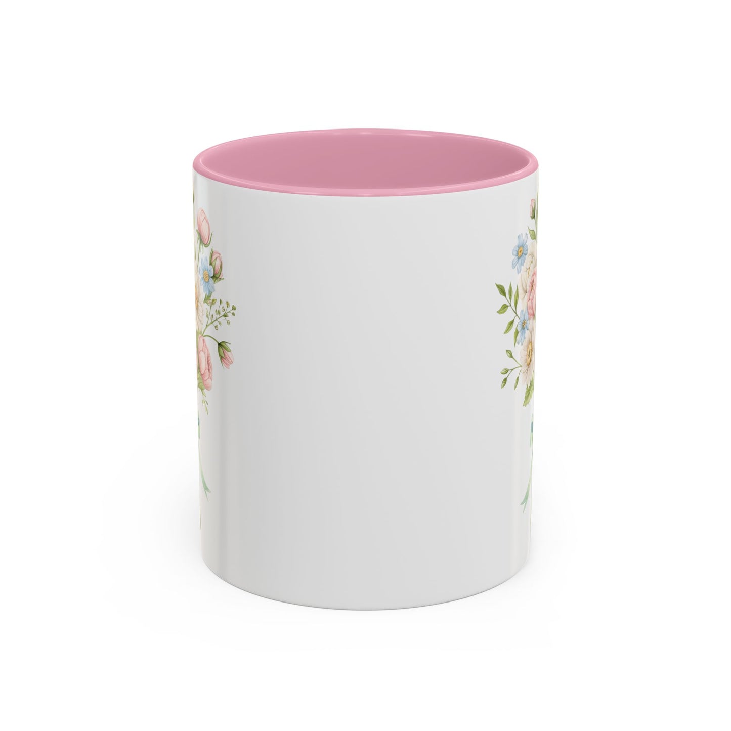 White ceramic mug with a pink interior and handle, featuring a delicate watercolor bouquet of pastel roses and daisies.