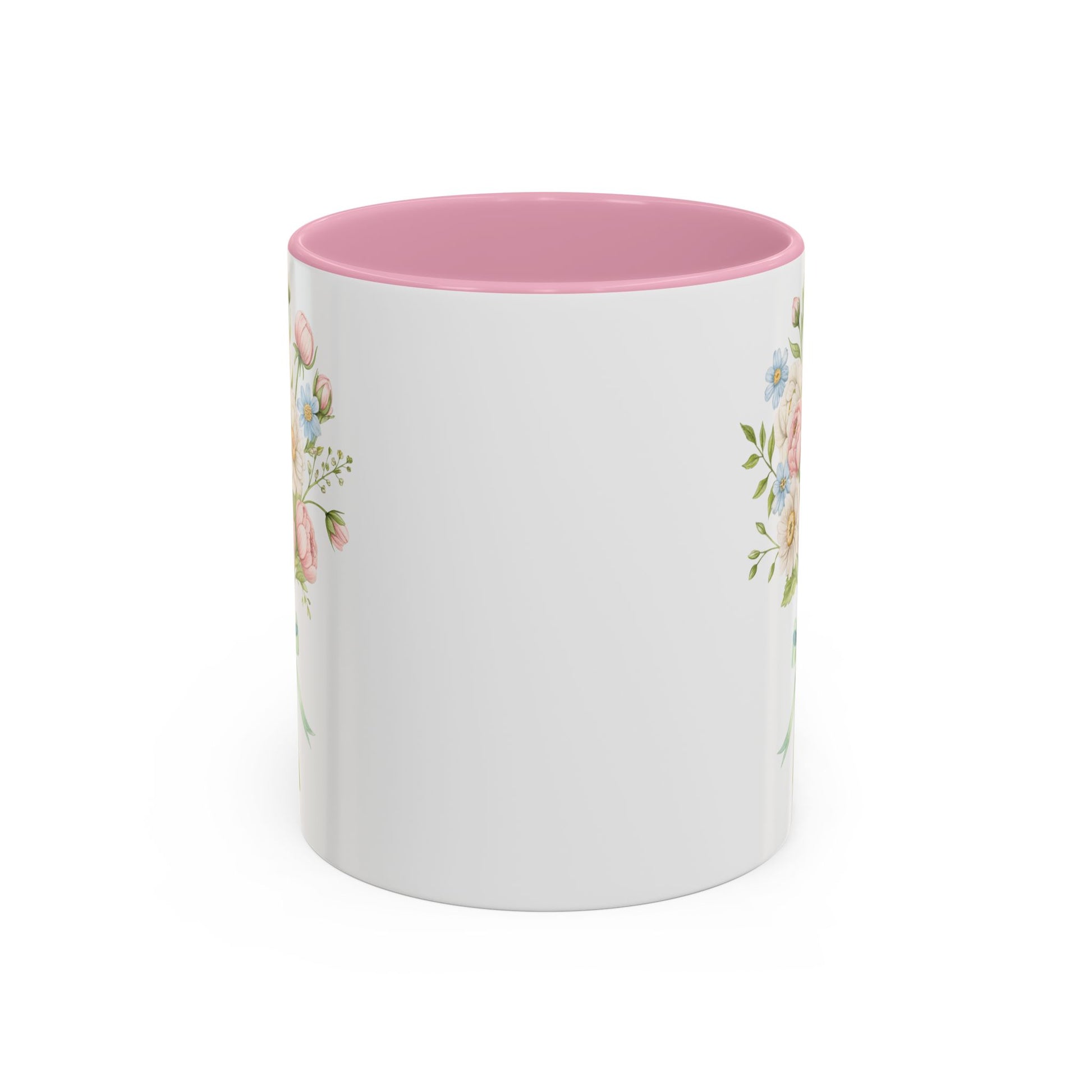 White ceramic mug with a pink interior and handle, featuring a delicate watercolor bouquet of pastel roses and daisies.