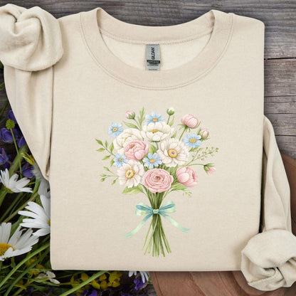 Sand crewneck sweatshirt with a cheerful Easter bouquet of pink peonies, white daisies, and blue flowers.