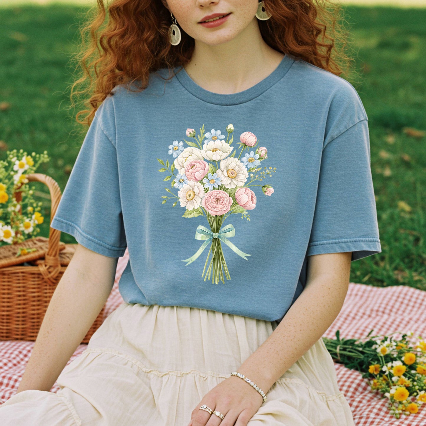 Garment-dyed blue t-shirt with a watercolor floral bouquet design, worn by a person on a picnic blanket.