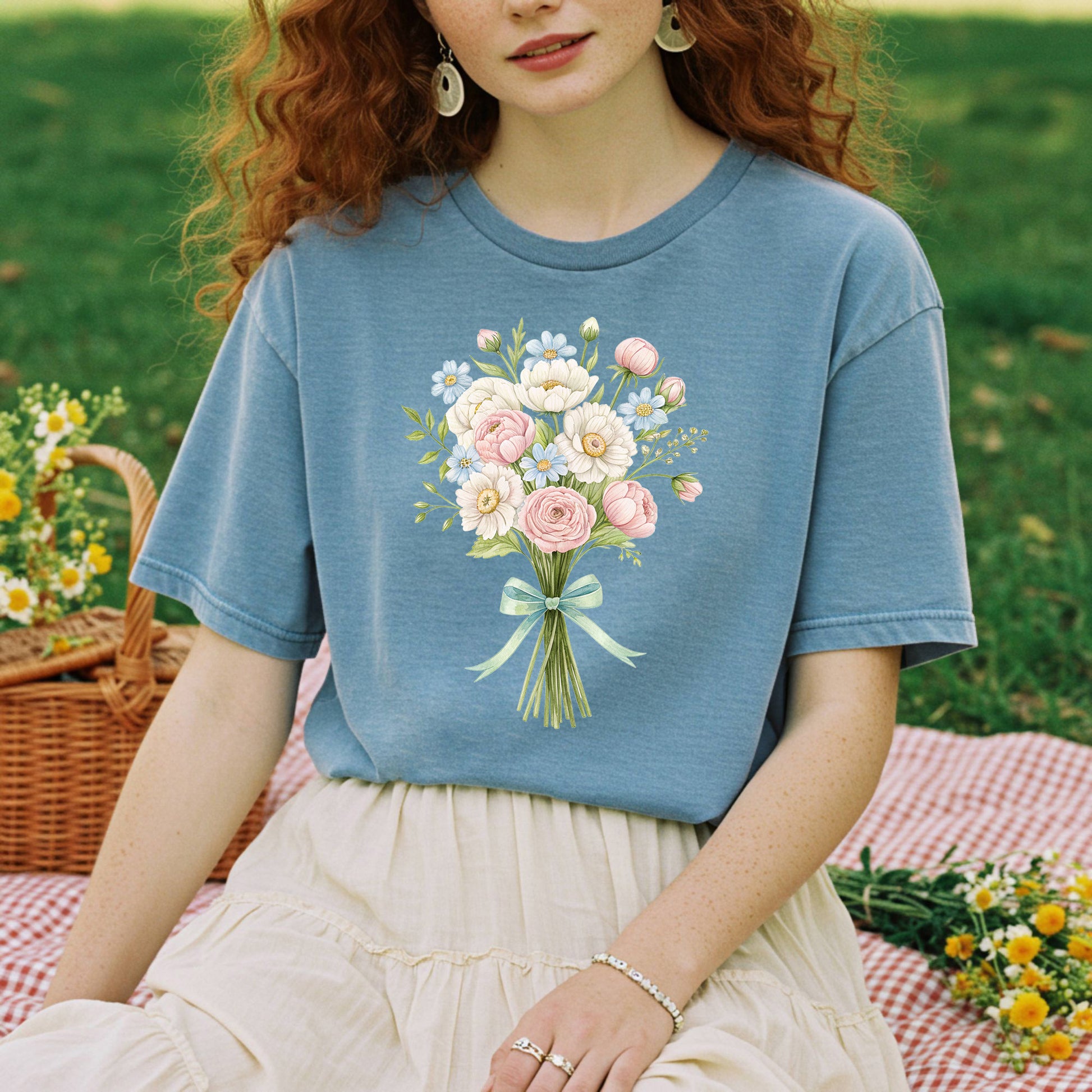 Garment-dyed blue t-shirt with a watercolor floral bouquet design, worn by a person on a picnic blanket.