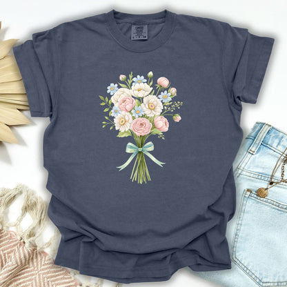 Denim S Cheerful Easter Bouquet T-Shirt with watercolor flowers and a ribbon, made from garment-dyed cotton.