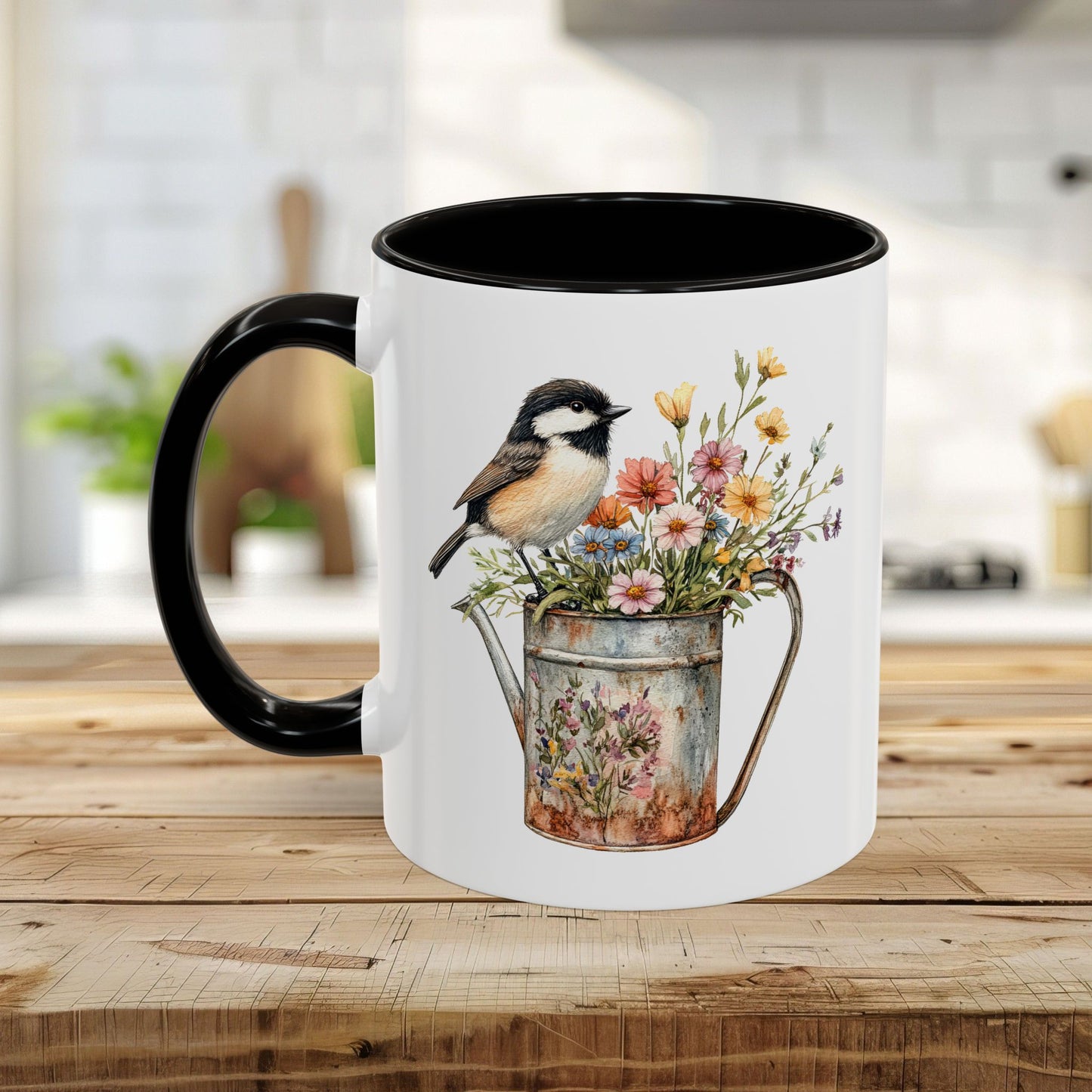 Chickadee in Summer Floral Watering Can Mug (11/15oz)