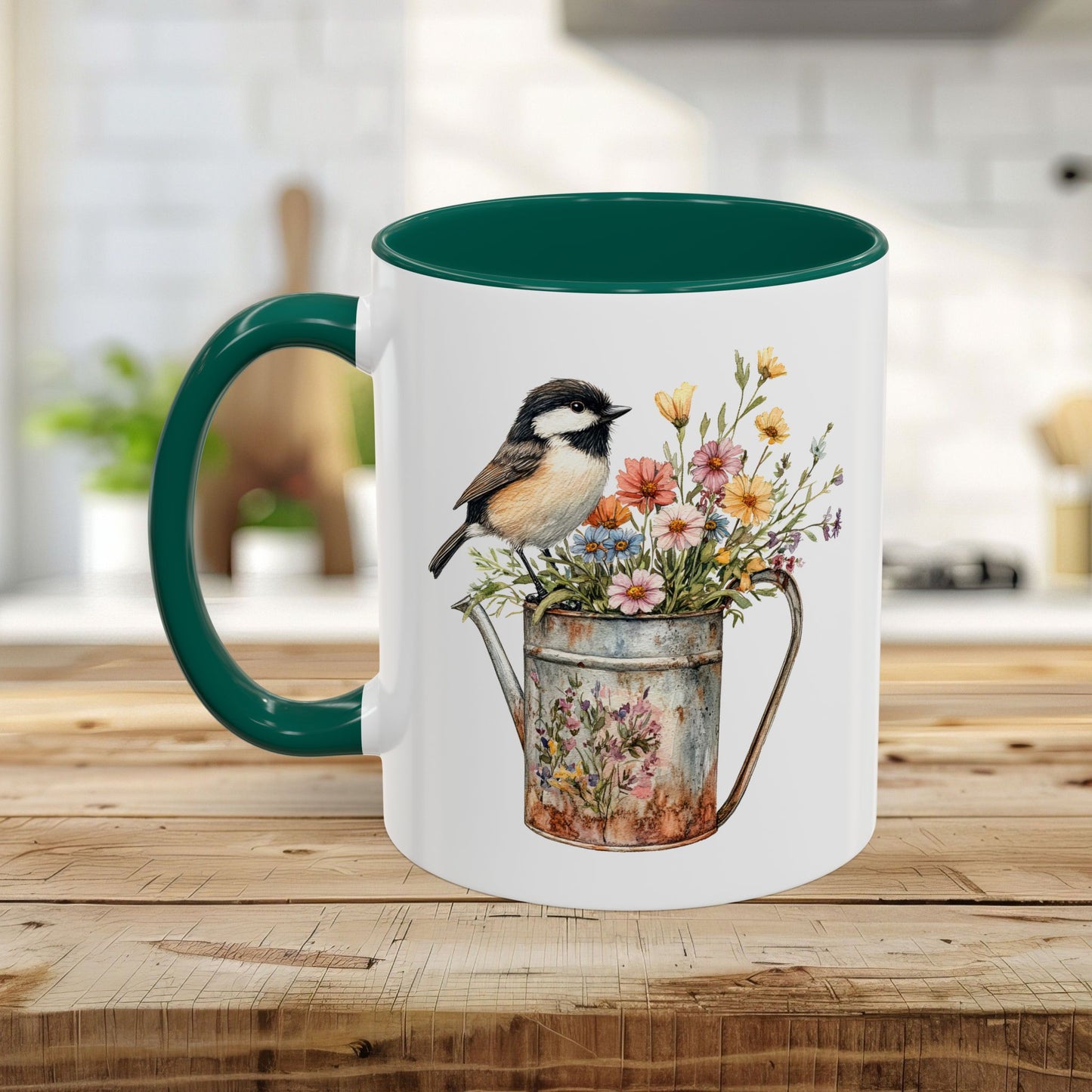 Chickadee in Summer Floral Watering Can Mug (11/15oz)