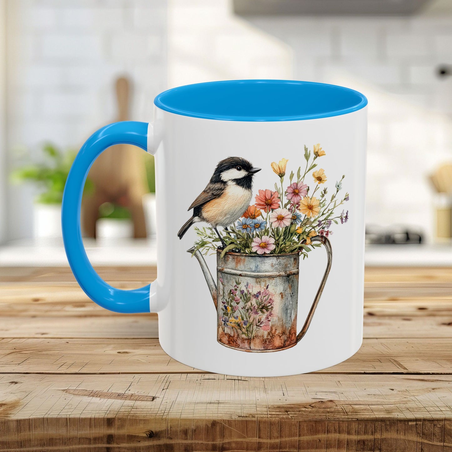 Chickadee in Summer Floral Watering Can Mug (11/15oz)