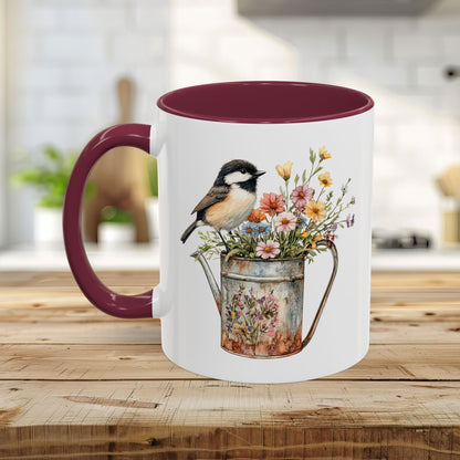 Chickadee in Summer Floral Watering Can Mug (11/15oz)
