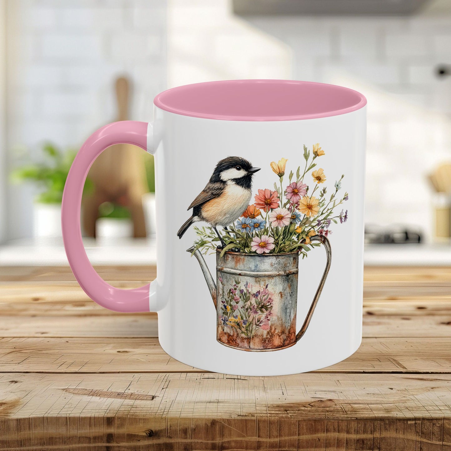 Chickadee in Summer Floral Watering Can Mug (11/15oz)