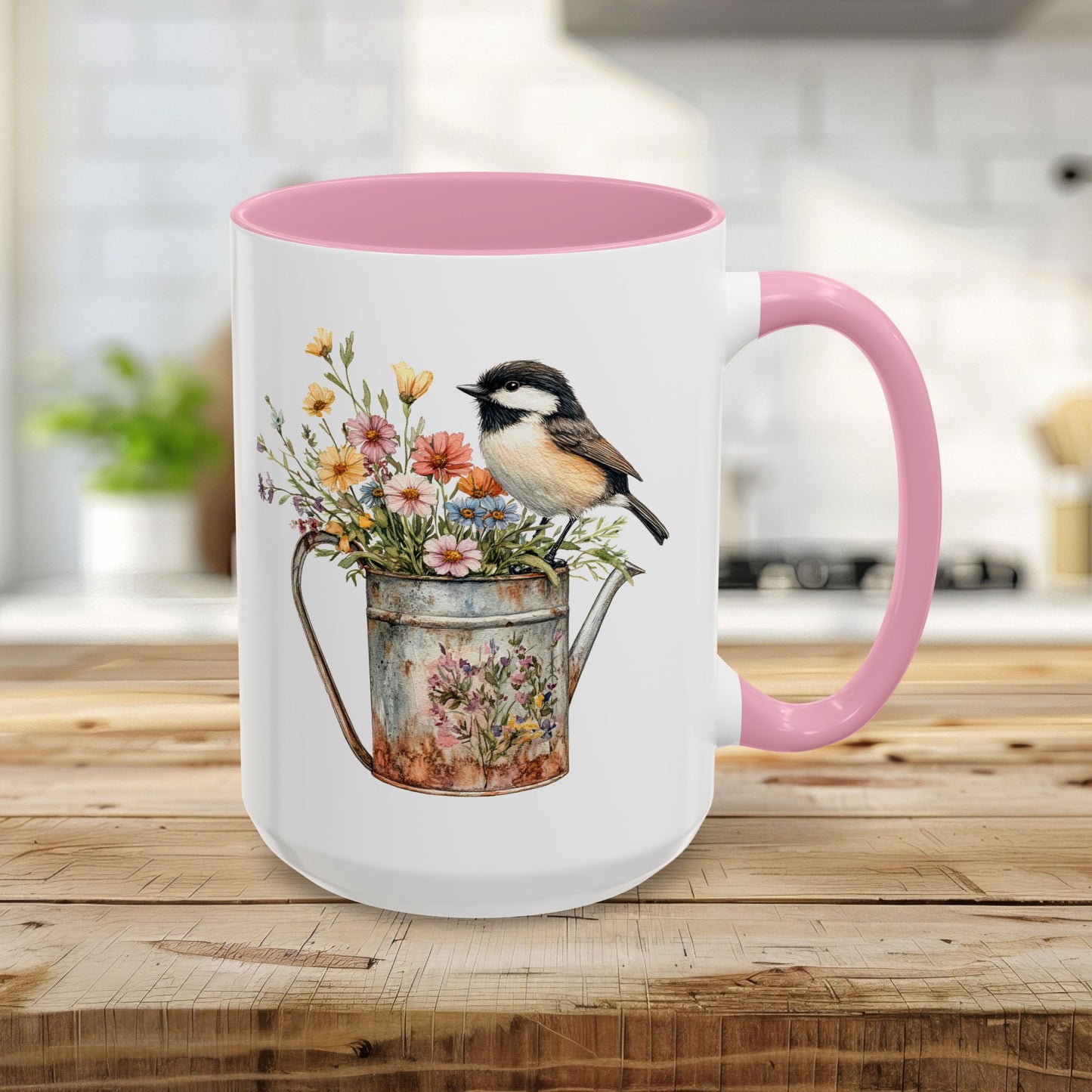 15oz white ceramic mug with pink handle and interior, featuring a watercolor chickadee on a floral watering can.