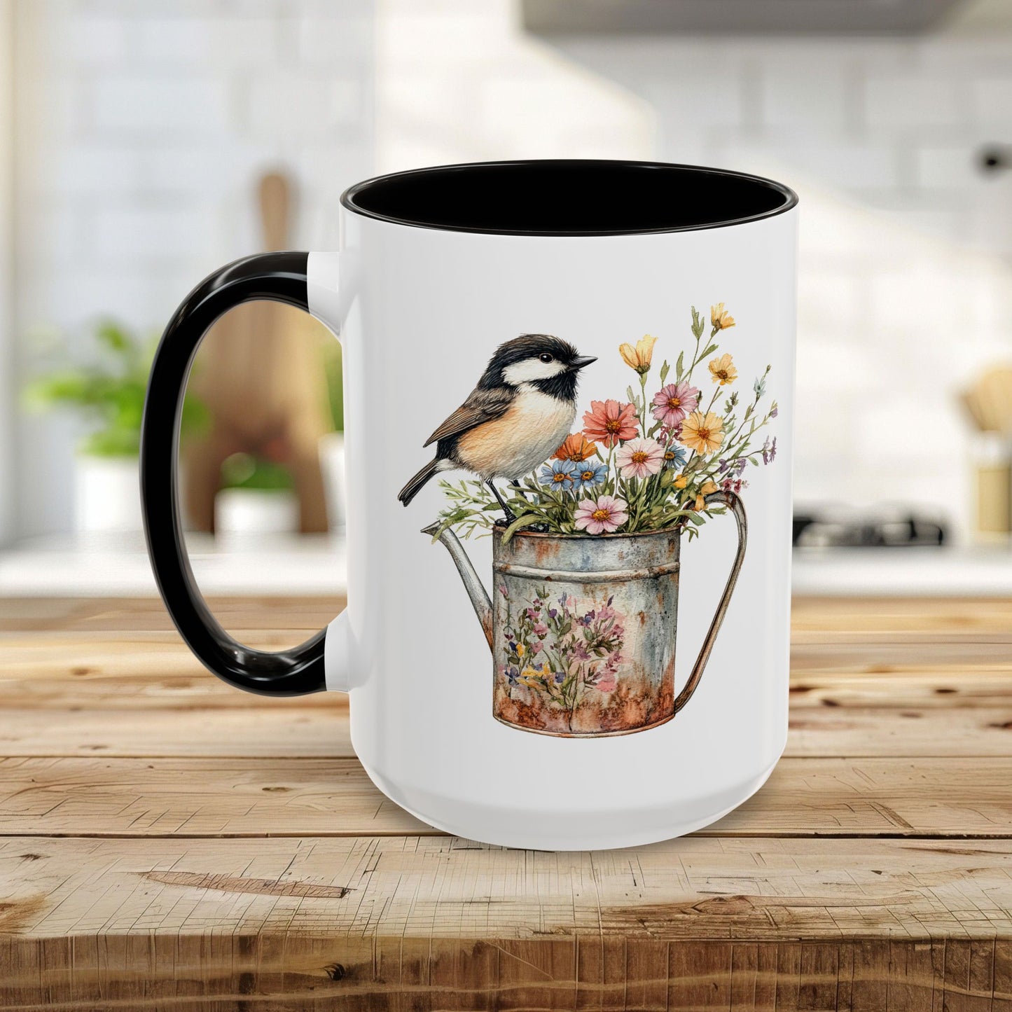 Chickadee in Summer Floral Watering Can Mug (11/15oz)