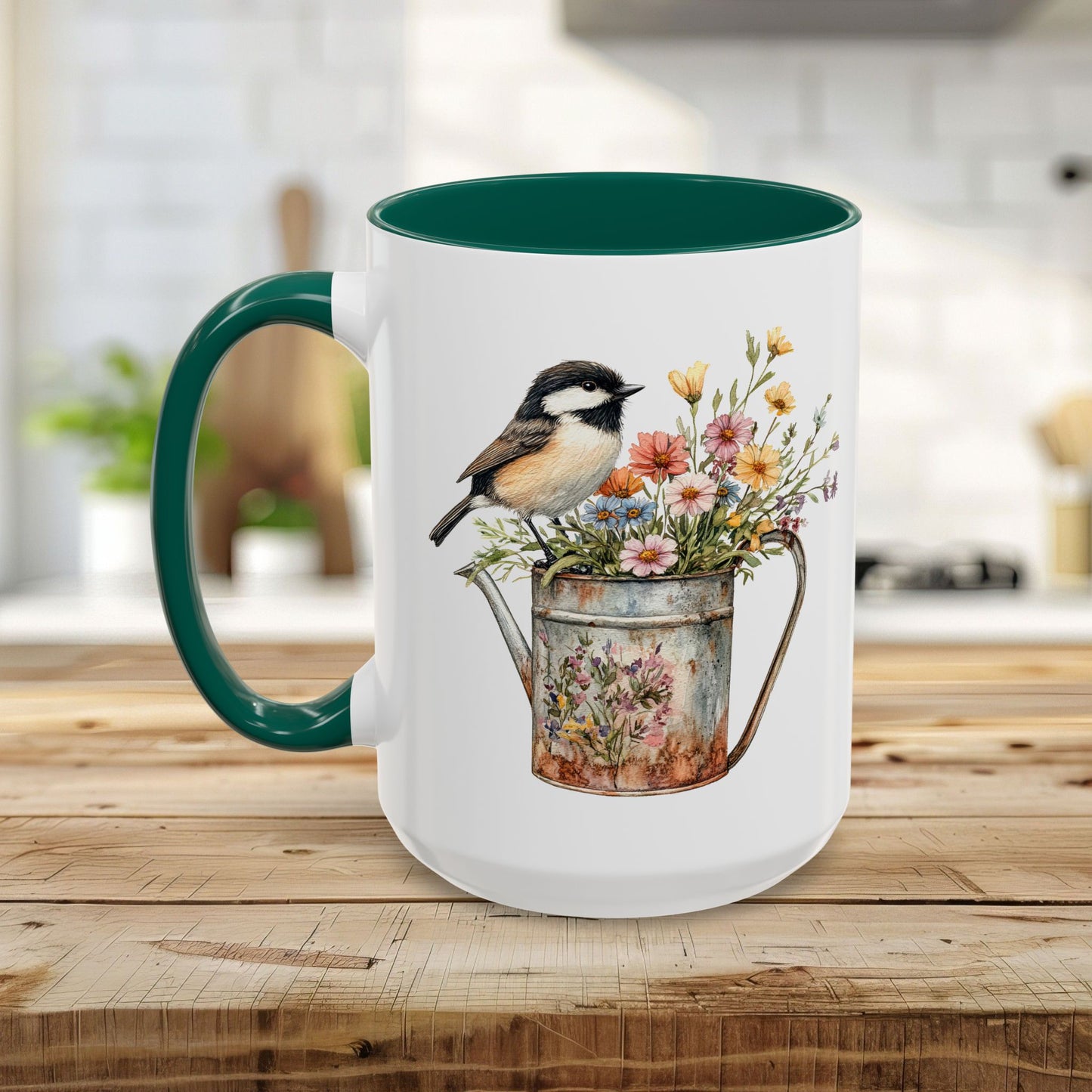 Chickadee in Summer Floral Watering Can Mug (11/15oz)