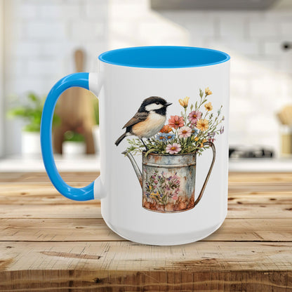 Chickadee in Summer Floral Watering Can Mug (11/15oz)
