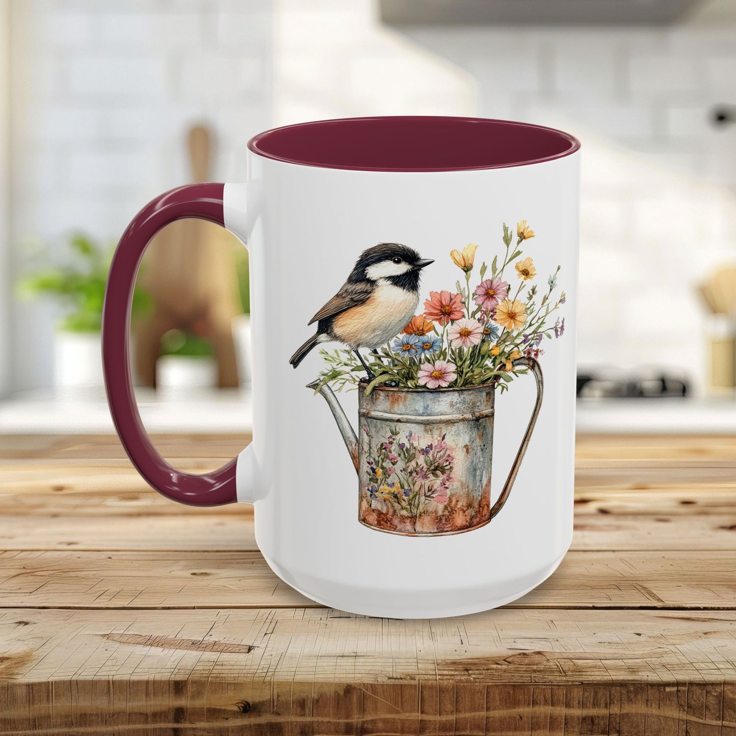 Chickadee in Summer Floral Watering Can Mug (11/15oz)