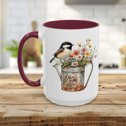 Chickadee in Summer Floral Watering Can Mug (11/15oz)