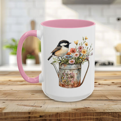 Chickadee in Summer Floral Watering Can Mug (11/15oz)