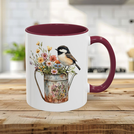 Chickadee in Summer Floral Watering Can Mug (11/15oz)