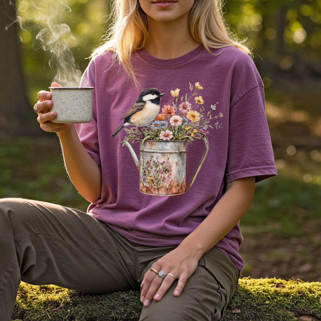 Garment-dyed plum t-shirt with a chickadee perched on a watering can full of wildflowers.