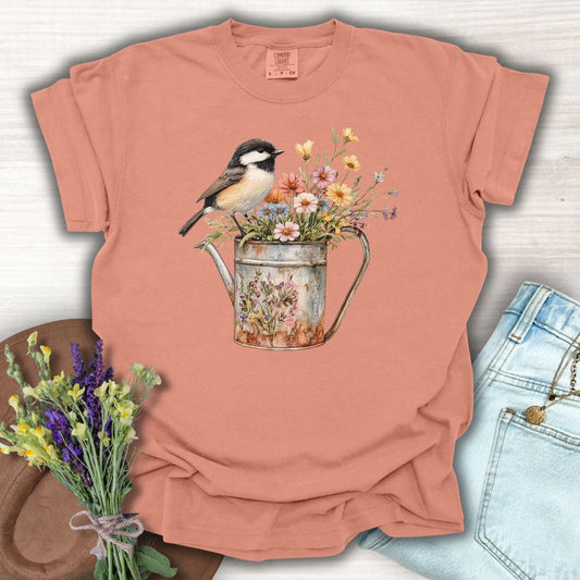 Chickadee in Summer Floral Watering Can T-Shirt