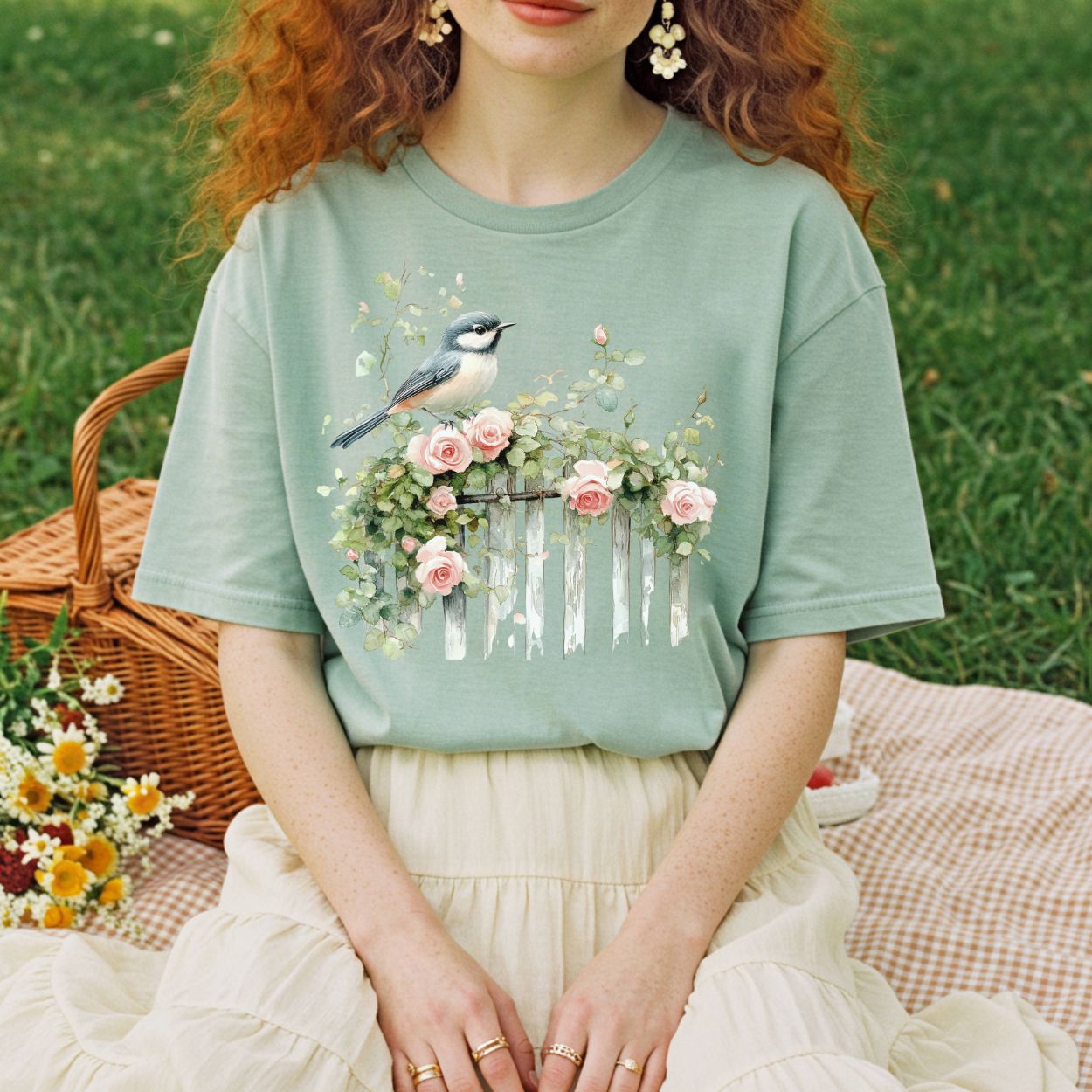 Garment-dyed sage green t-shirt with a watercolor chickadee on a rose-covered fence.