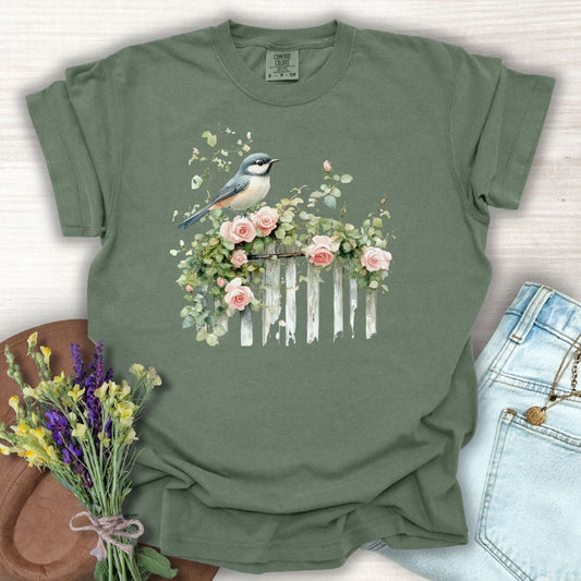 Chickadee on Rose Garden Fence T-Shirt