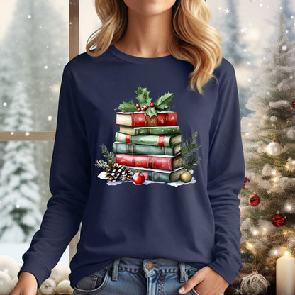 Christmas Book Stack Long Sleeve Tee