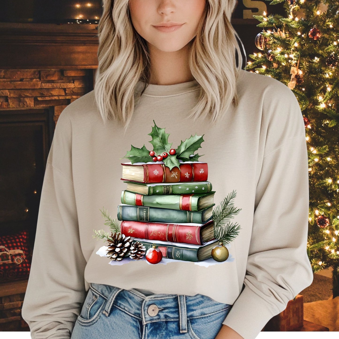 Christmas Book Stack Long Sleeve Tee