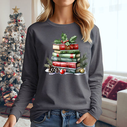 Christmas Book Stack Long Sleeve Tee