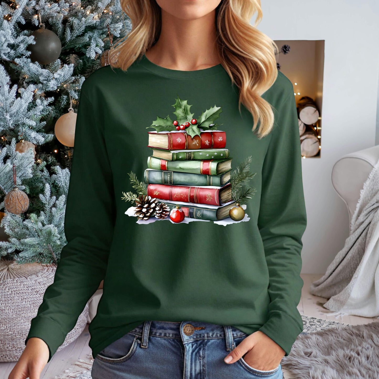 Christmas Book Stack Long Sleeve Tee